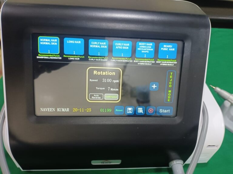 Advanced FUE hair transplant machine digital display close-up